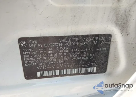 2007 BMW 328Xi из США, поврежденный, VIN WBAVC93557K033760